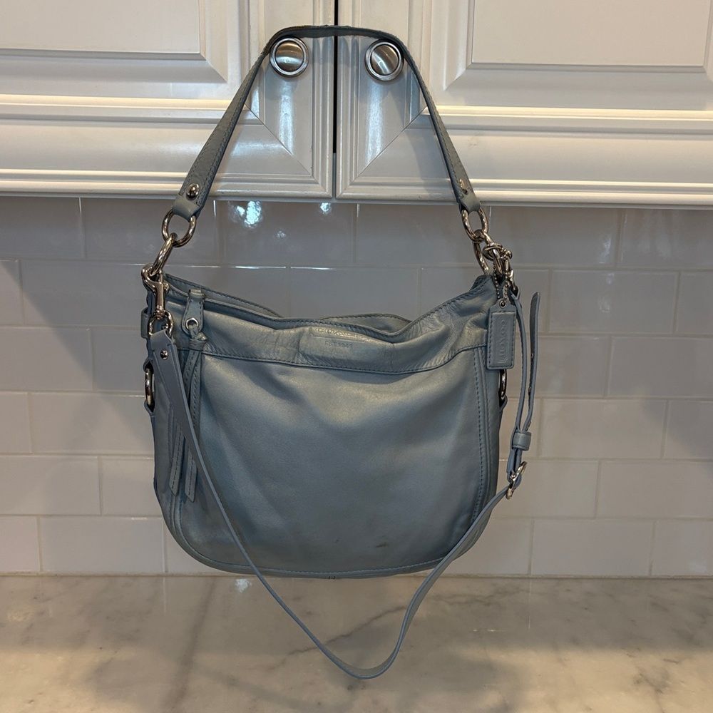 Coach Zoe Hobo Purse Bag Light Blue Leather Silver Hardware Shoulder Crossbody